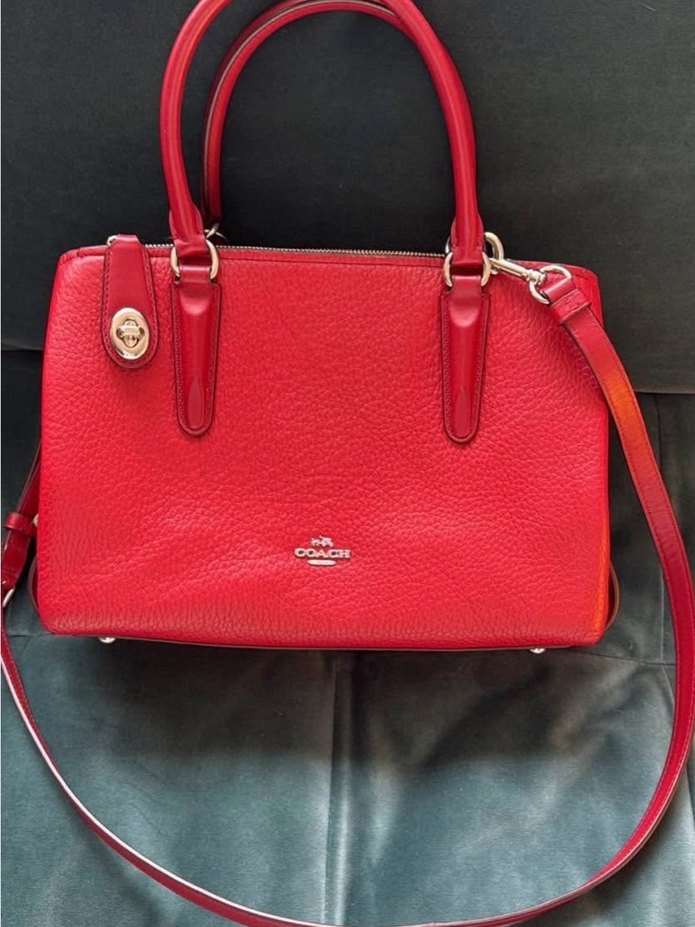 Coach Red Pebbled Leather Satchel with Detachable Strap